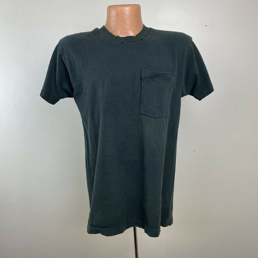 1980s Faded Black Pocket T-Shirt, Size Medium, 80s Single Stitch Blank Tee