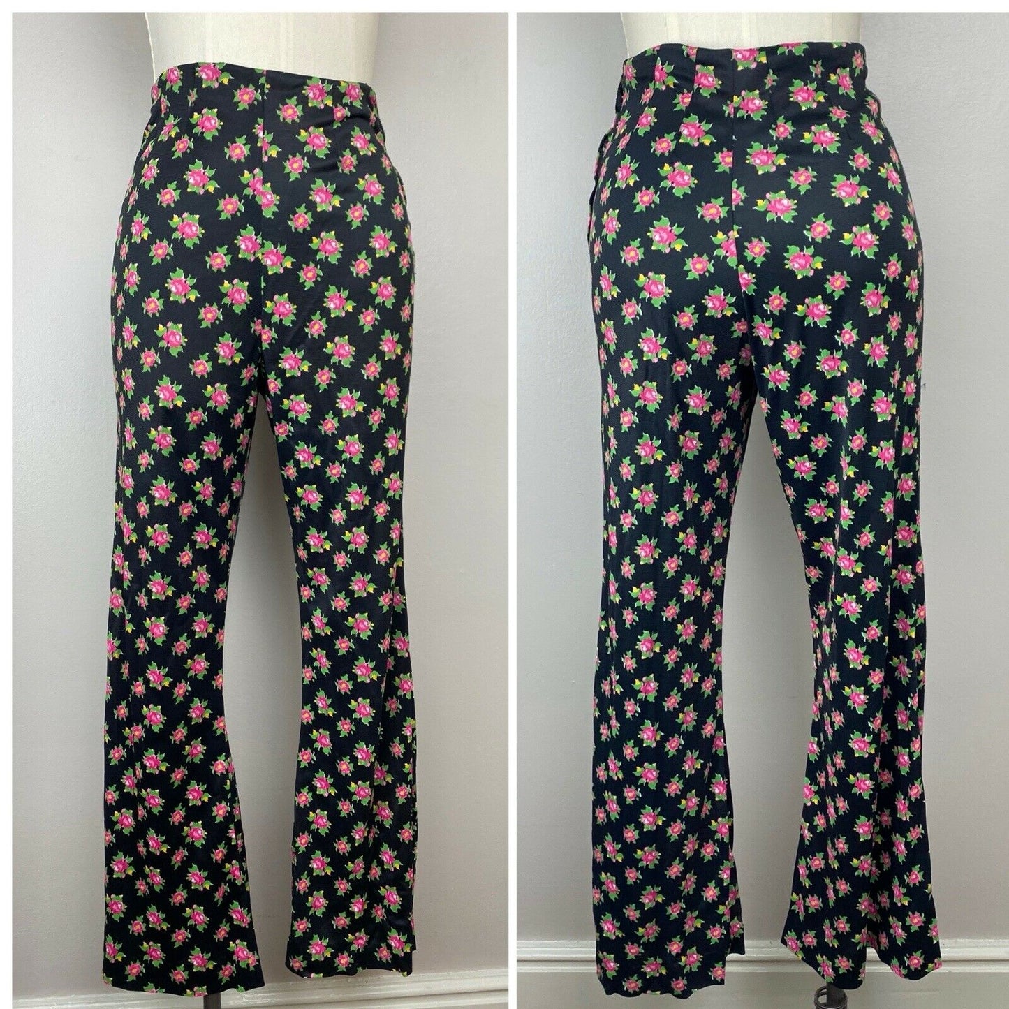 1960s Floral Mini Dress with Matching Flare Leg Pants, Size XS/S, Black & Pink Mod Set