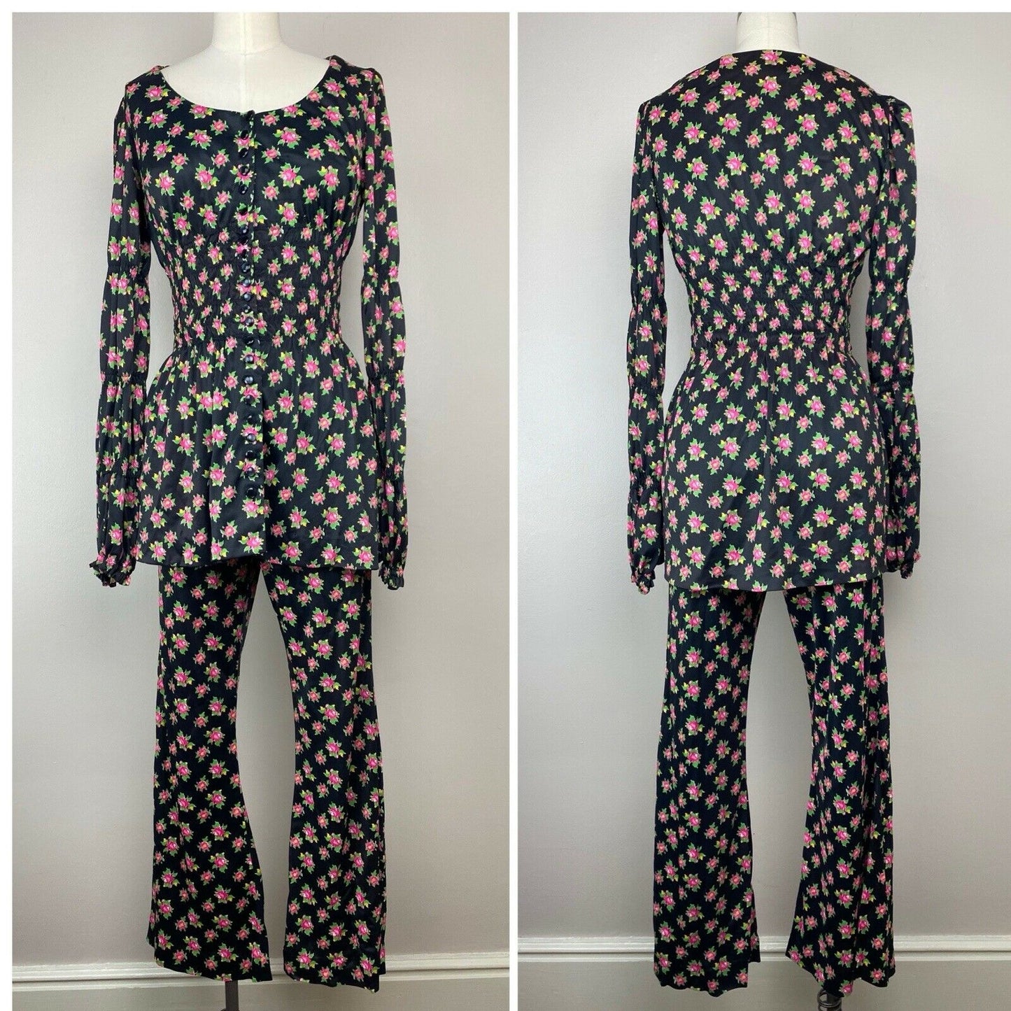 1960s Floral Mini Dress with Matching Flare Leg Pants, Size XS/S, Black & Pink Mod Set