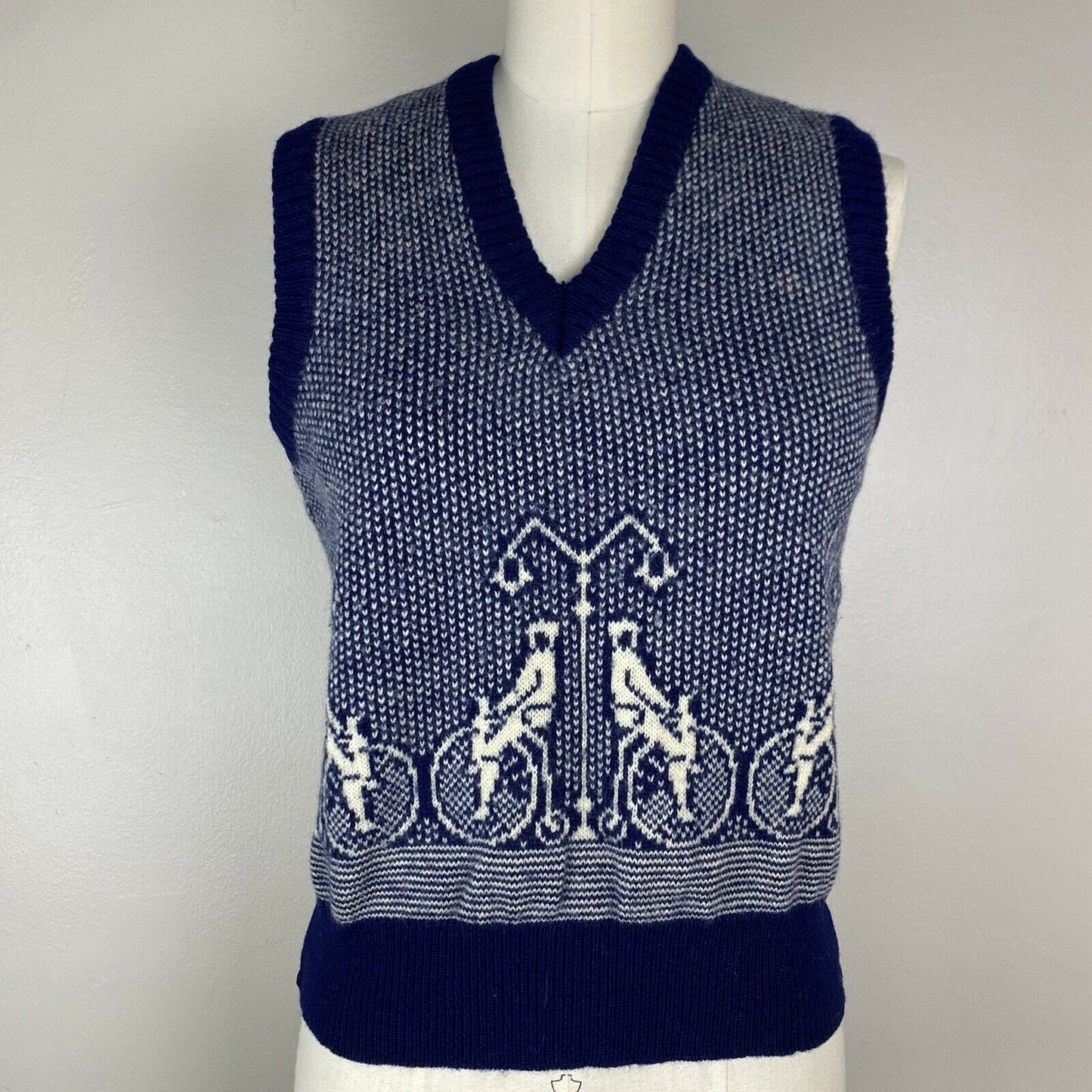 1970s Penny Farthing Bicycle Sweater Vest, Ducale, Size S/M, Navy Blue, V Neck