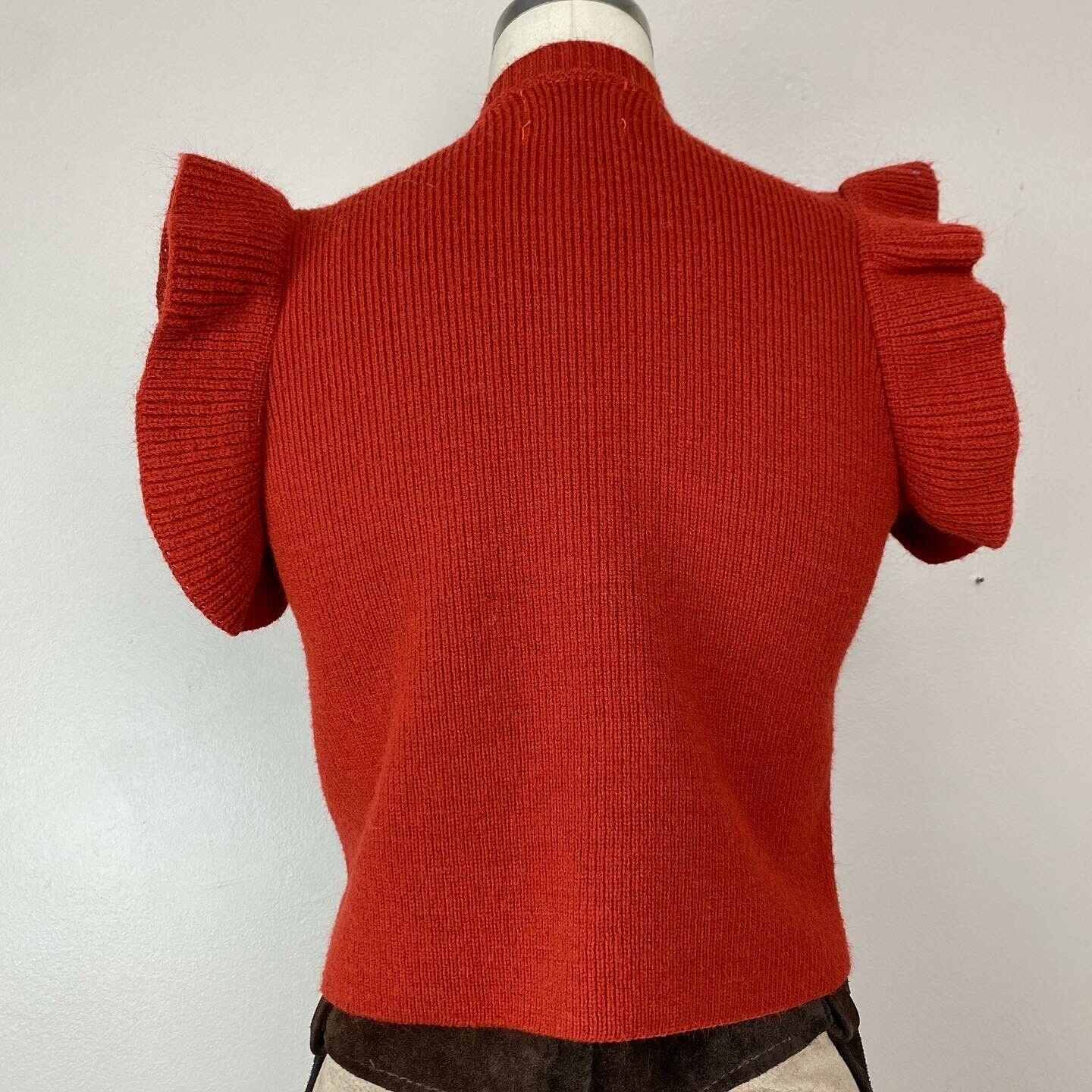 1970s Rust Flutter Sleeve Cardigan Sweater, Hang Ups Size S, Ladybug Buttons