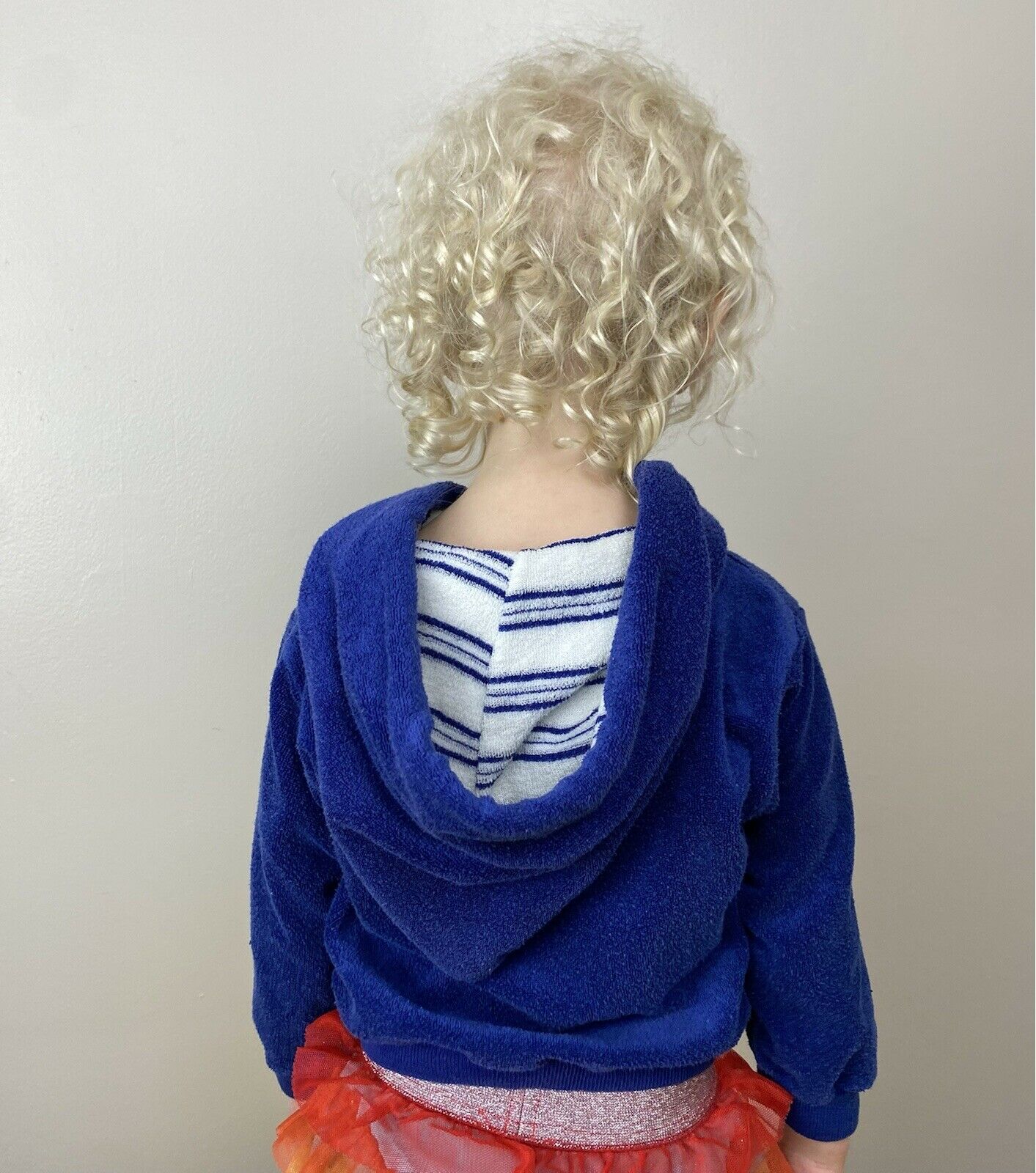 1960s/70s Terry Cloth Quarter Zip Hooded Sweatshirt, Kids Size 2/3, Blue Hoodie, Stripe Lining