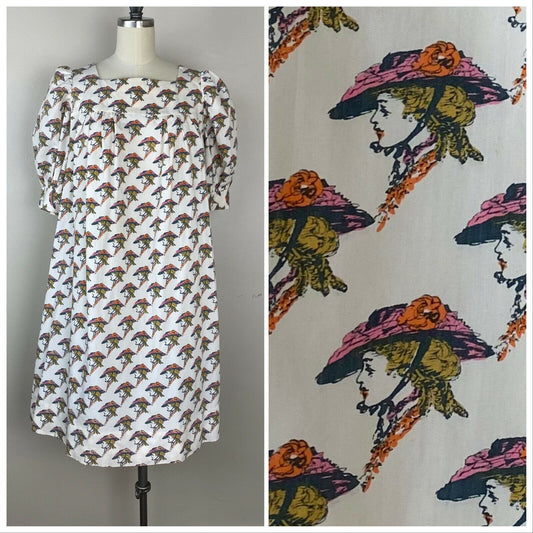 1970s Handmade Novelty Print Smock Dress, Size XS/S, Edwardian Lady with Hat