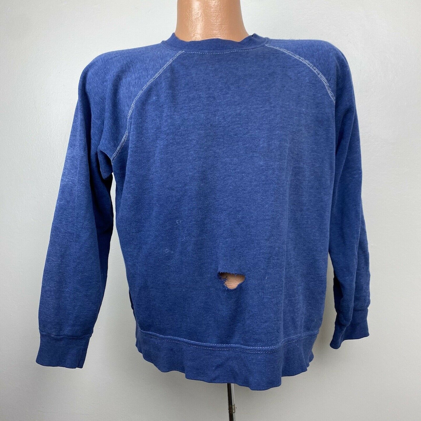 1970s Distressed Blue Sweatshirt, Sportswear Size M/L, Raglan Crewneck