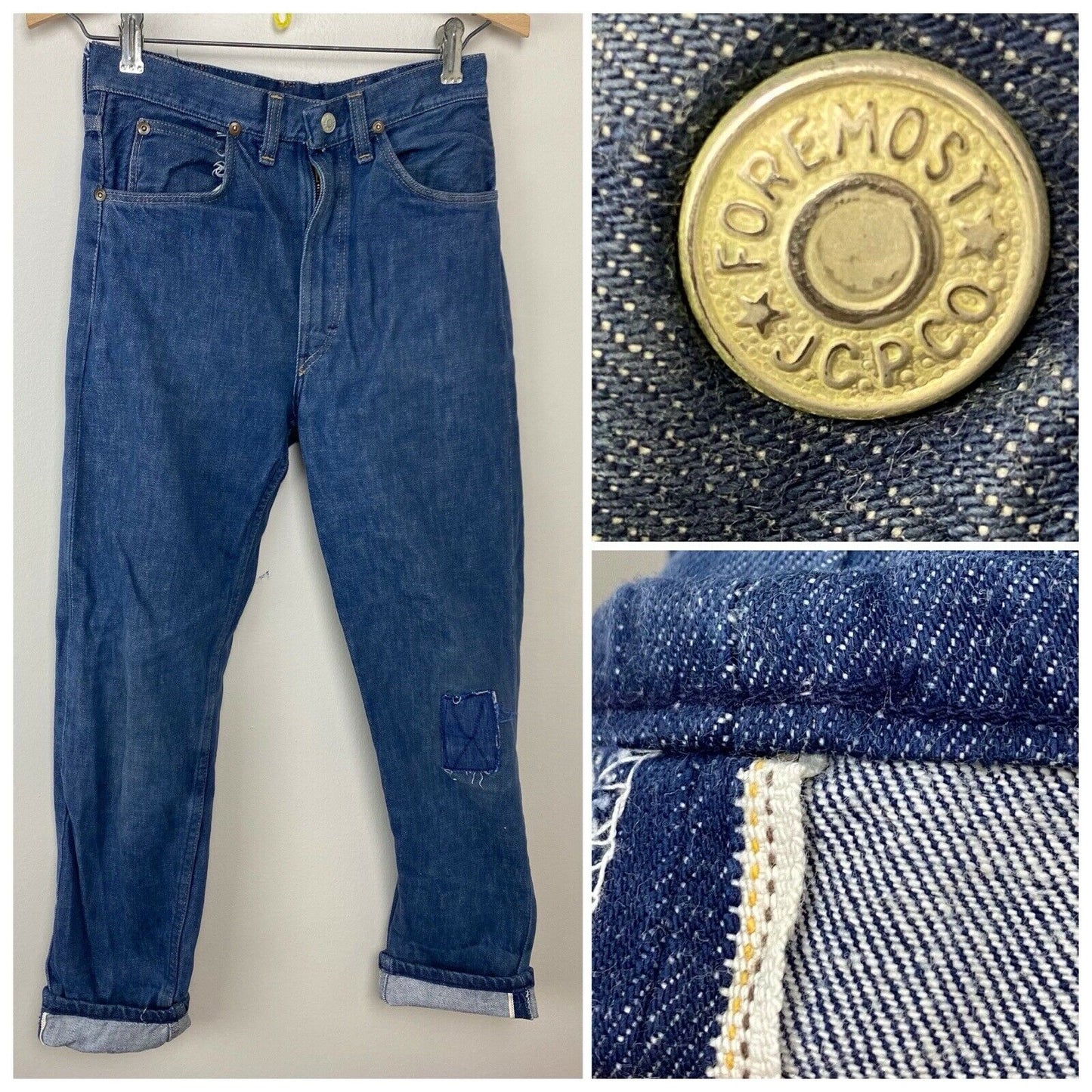 1950s Foremost Selvage Denim Blue Jeans, 26x27.5, JC Penney, Old Mend