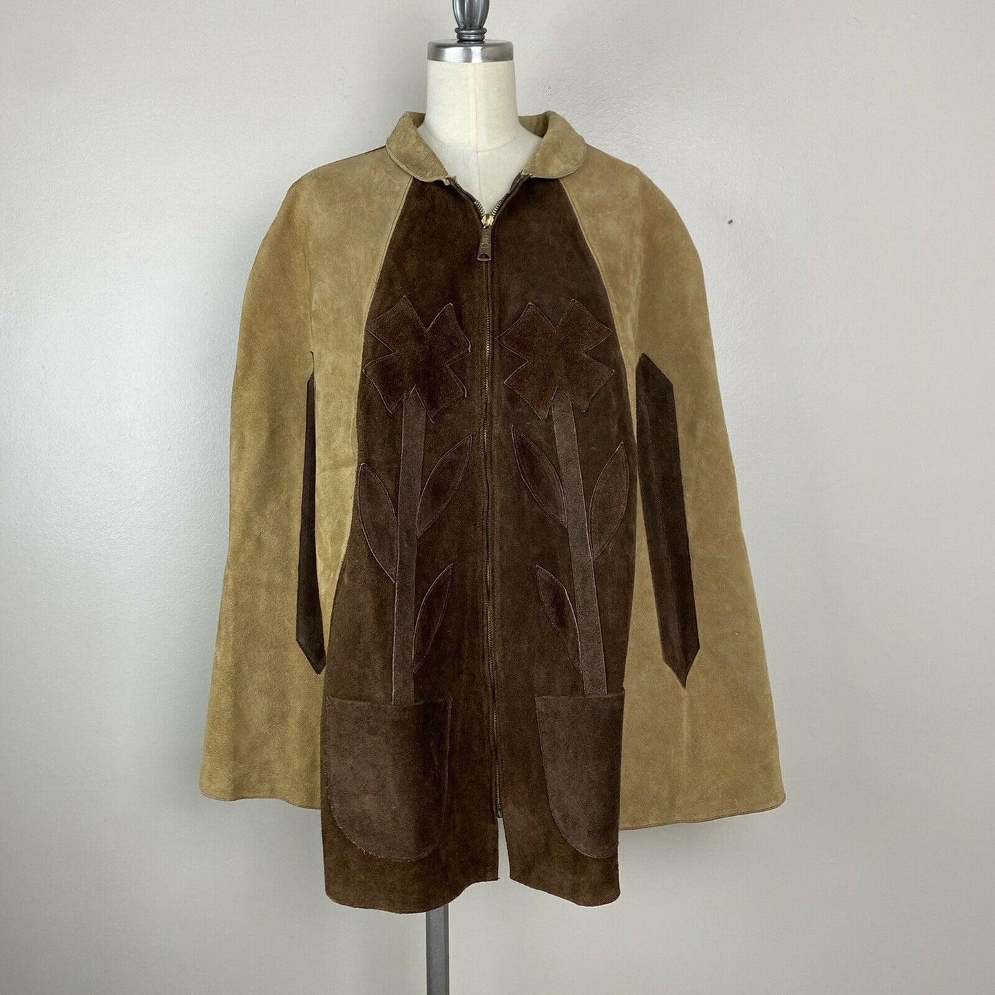 1970s Leather Cape, Two Tone Brown with Flower Appliqué, One Size Fits Many