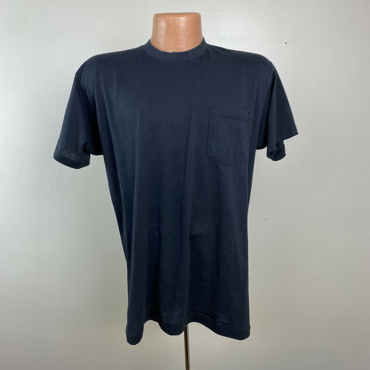 1980s Black Pocket T-Shirt, Fieldmaster Size Large, Single Stitch Blank Tee