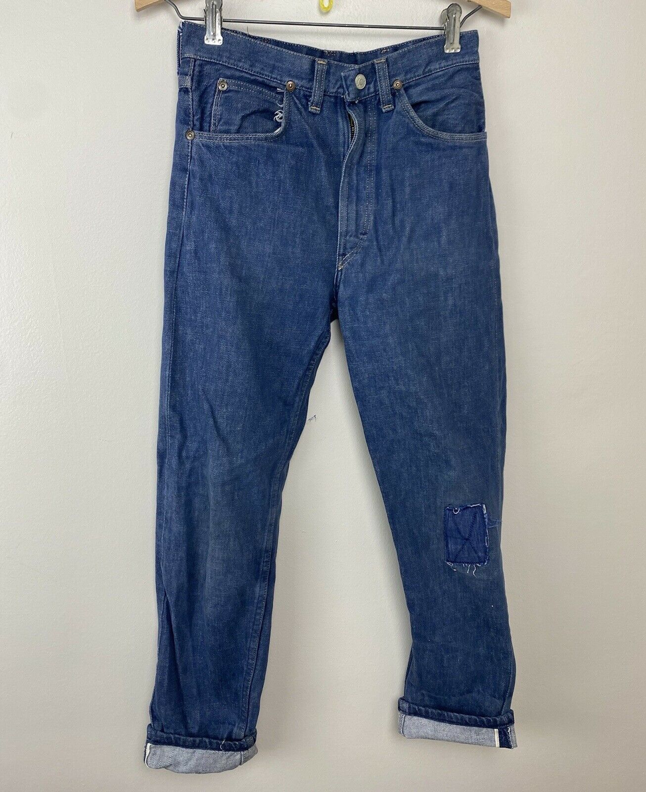 1950s Foremost Selvage Denim Blue Jeans, 26x27.5, JC Penney, Old Mend