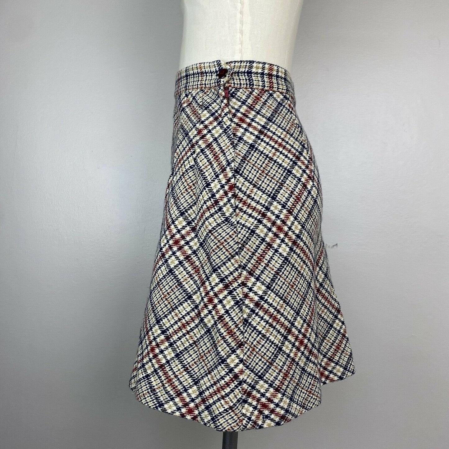 1970s Plaid A-Line Wool Mini Skirt, Size XS, 24.5” Waist