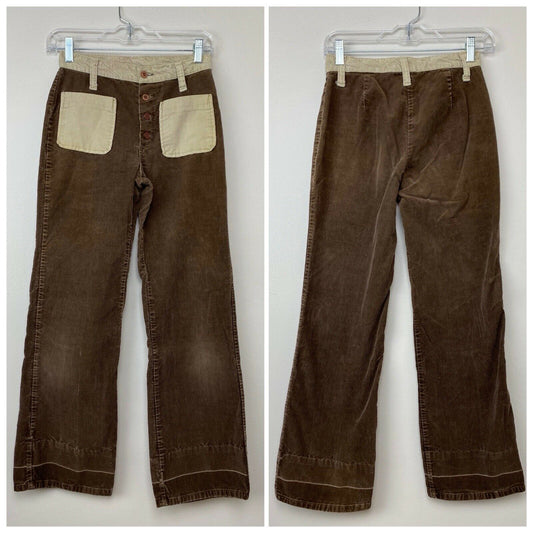 1970s Two Tone Brown Corduroy Pants, Sears Jr Bazaar, 24.5”x29”, Mid Rise Flare Leg
