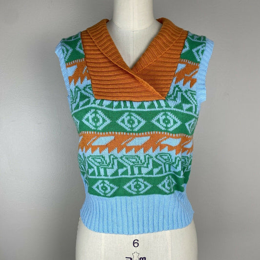1970s Hieroglyph Inspired Sweater Vest, Size XS/S, Novelty Knit, Shawl Collar