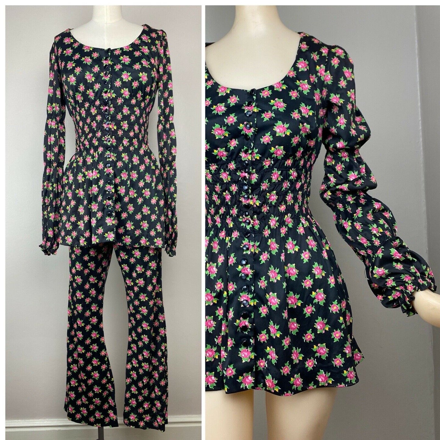 1960s Floral Mini Dress with Matching Flare Leg Pants, Size XS/S, Black & Pink Mod Set