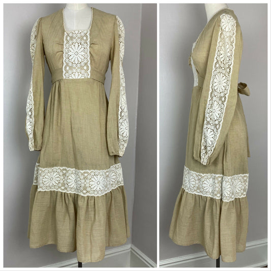 1970s Prairie Midi Dress, Tan Gauze and Floral Lace, PBJ by Jerell, Size Small