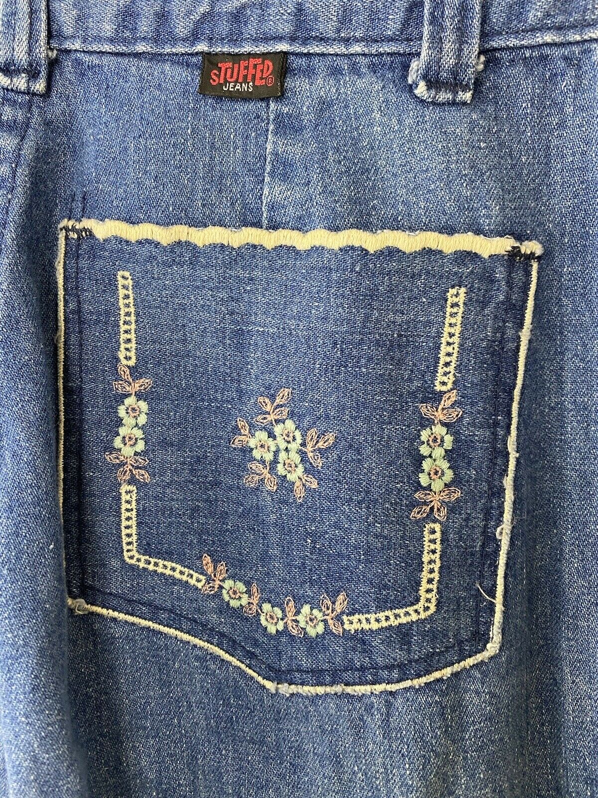 1970s/80s Stuffed Jeans, 23.5" x 33", Embroidered Pockets, High Waisted, Straight Leg