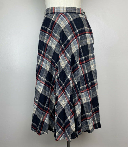 1970s Plaid Wool Pleated Midi Skirt, Size Small, 26.5” Waist