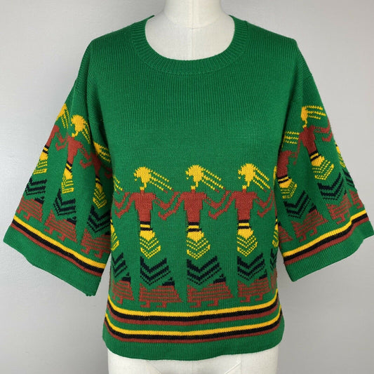 1970s Novelty Knit Sweater,  Size S/M, Boho Dancing Girls, Green, Wide Sleeves