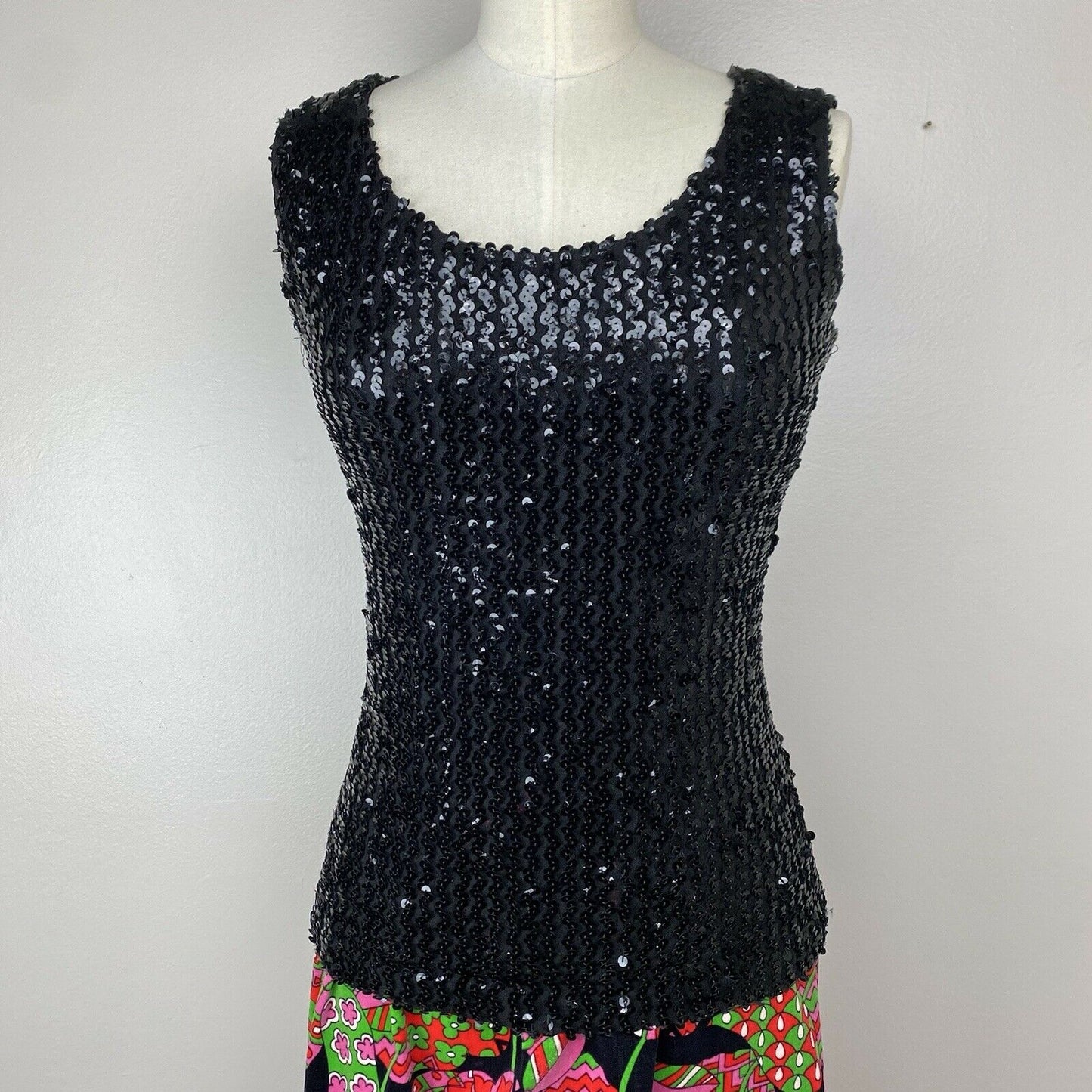 1970s Black Sequin Tank Top, Malbe Size Small, Sleeveless Shirt