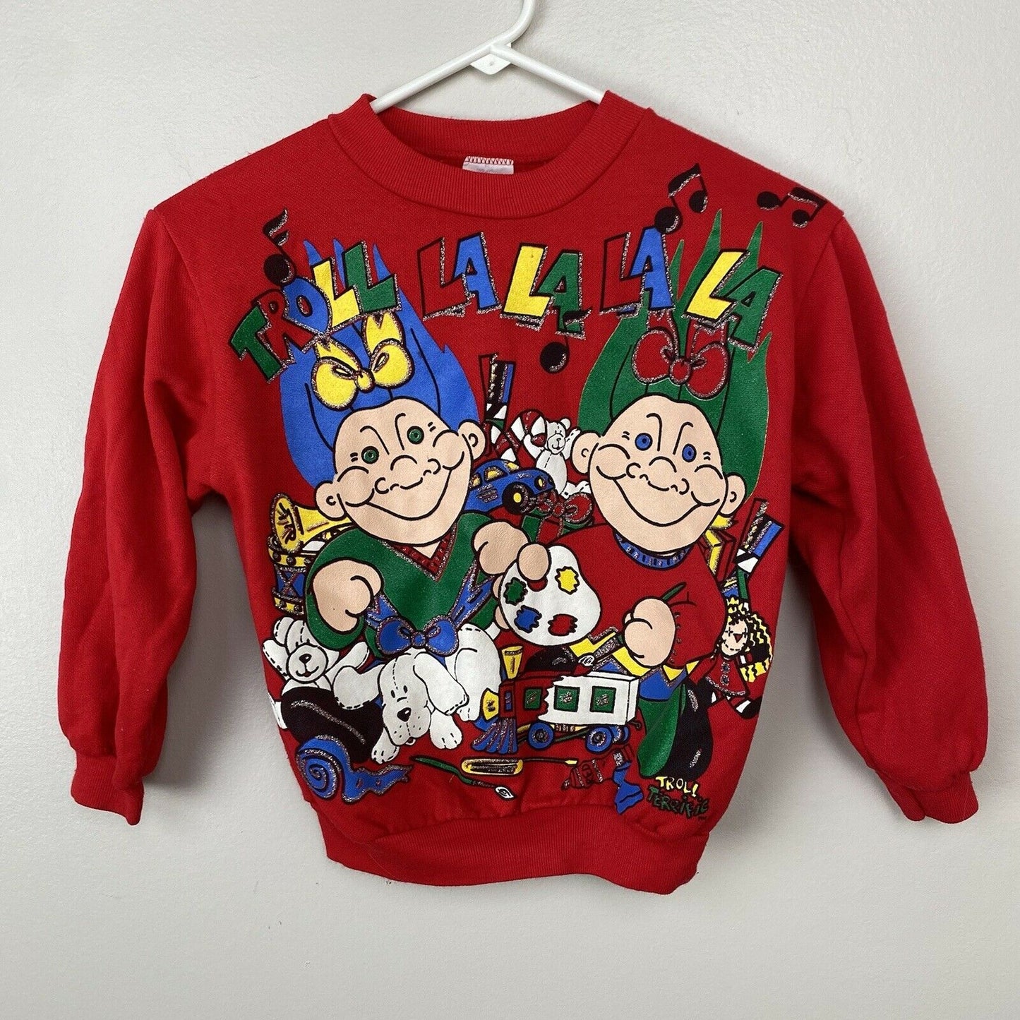 1990s Troll Terrific Christmas Sweatshirt, Troll La La La, Kids Size 7/Adult XXS