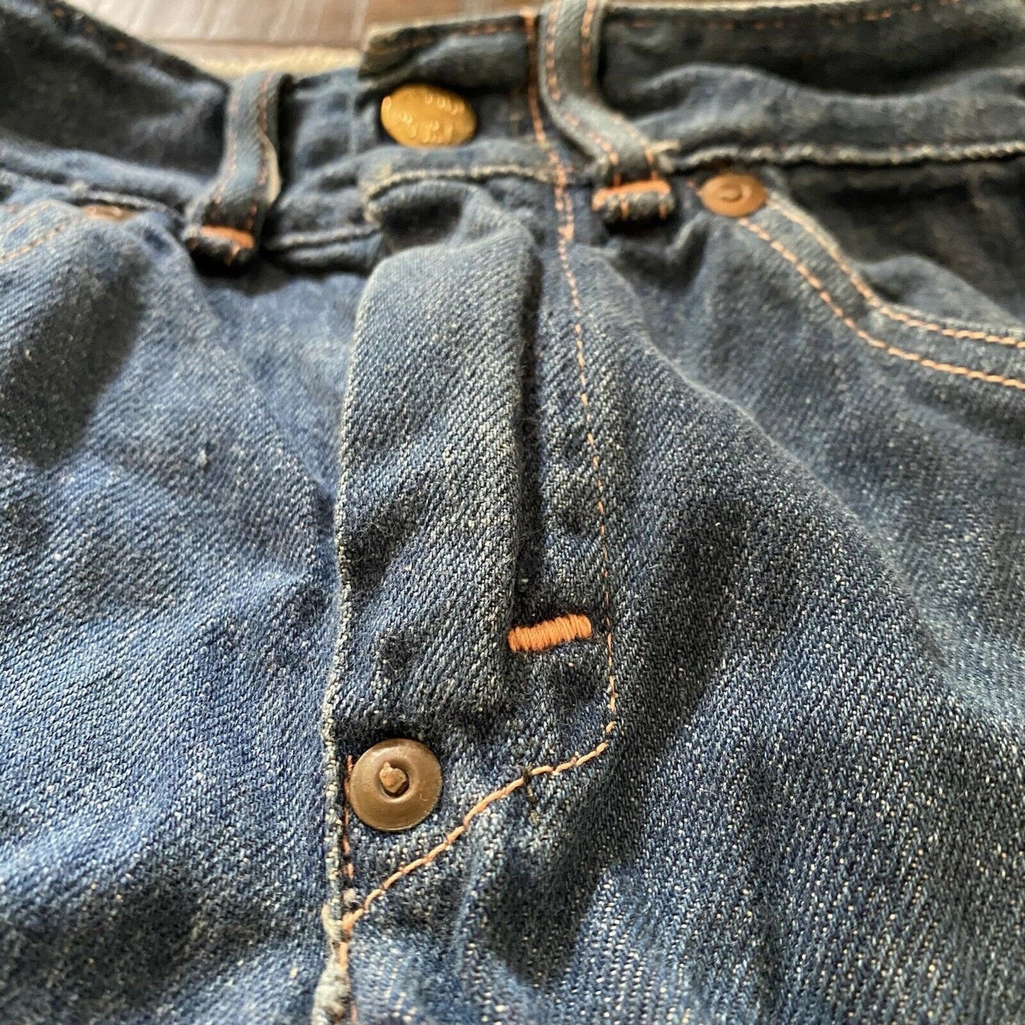 1950s Round House Blue Jeans, 17.5-18.5” waist, 16” inseam, 50s Denim Crotch Rivet