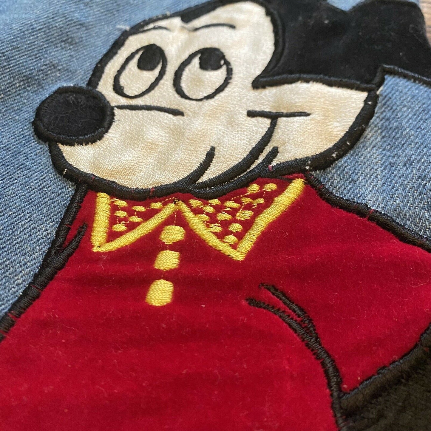 1970s Mickey Mouse Blue Jeans, 36" x 28", Walt Disney Productions, 70s Denim with Appliqué