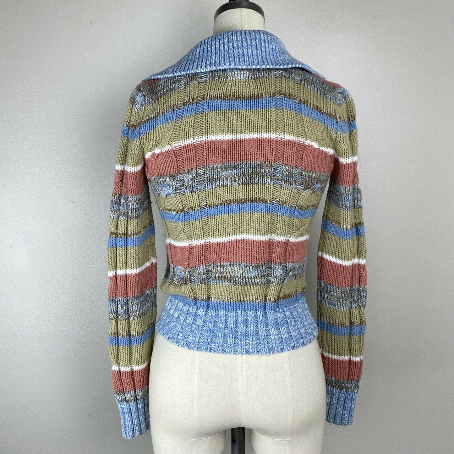 1970s Striped Cable Knit Cardigan Sweater, Alberoy Size XS, Blue Space Dye