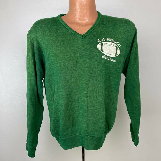 1970s Tech Memorial Centaurs Football Sweater, Size Medium, Green V Neck with Fades