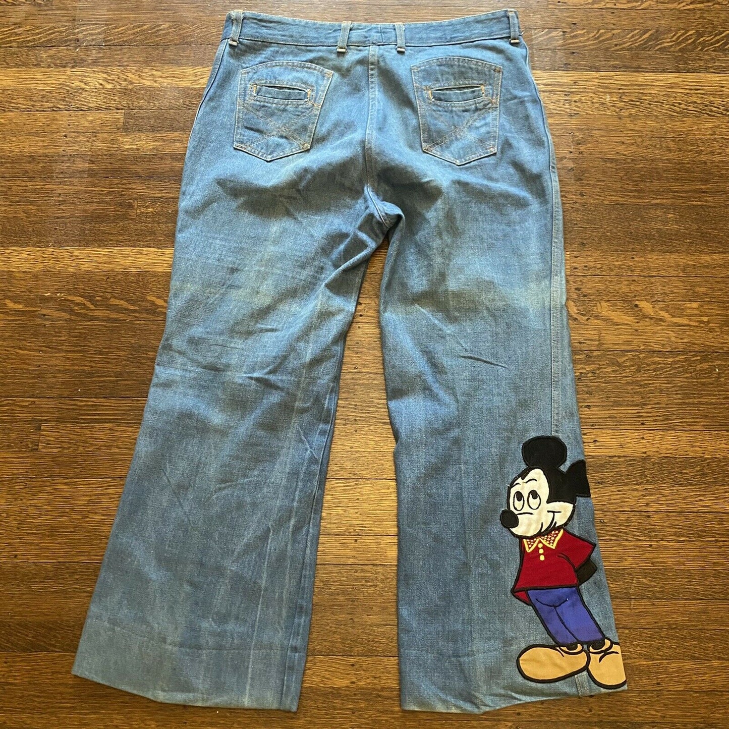 1970s Mickey Mouse Blue Jeans, 36" x 28", Walt Disney Productions, 70s Denim with Appliqué