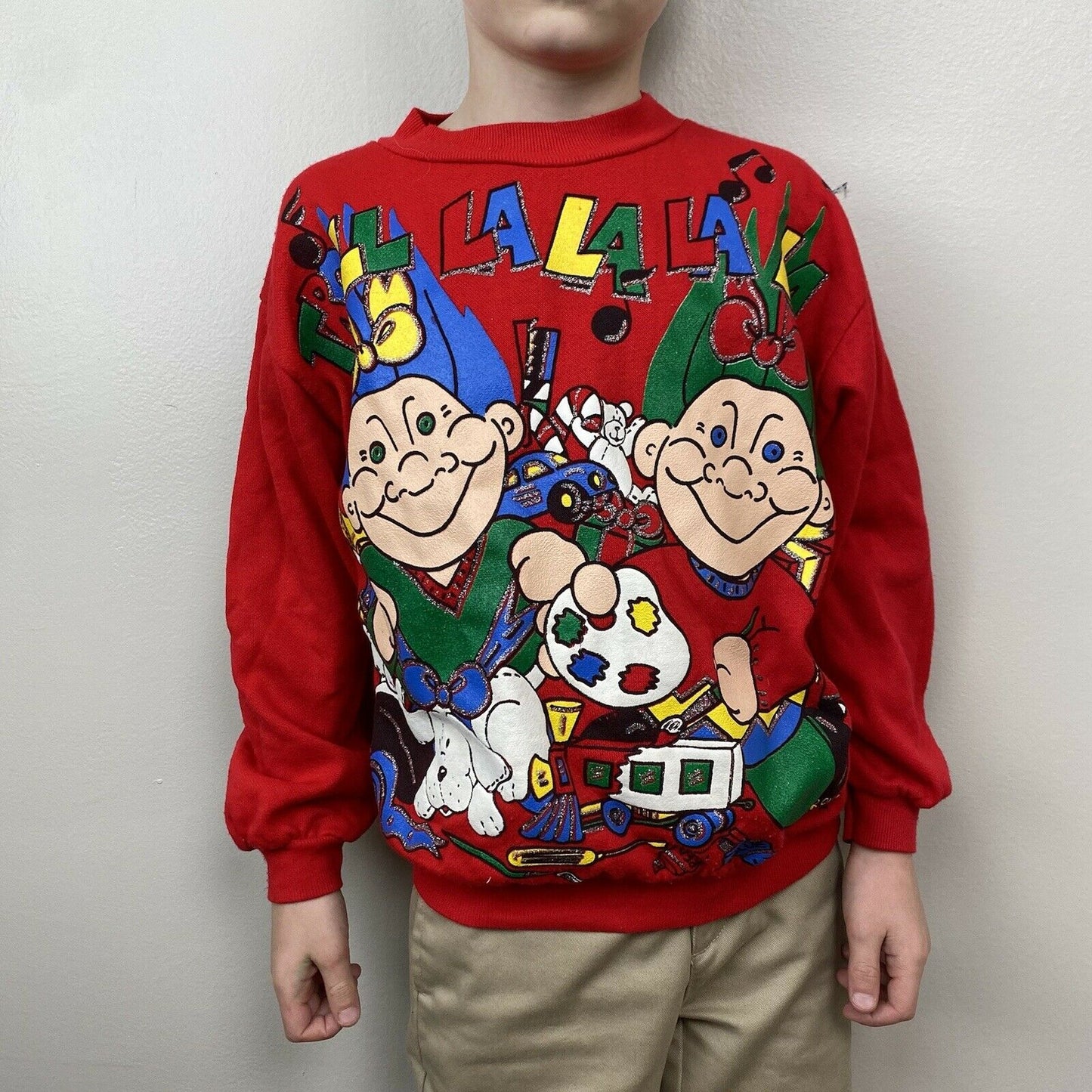 1990s Troll Terrific Christmas Sweatshirt, Troll La La La, Kids Size 7/Adult XXS