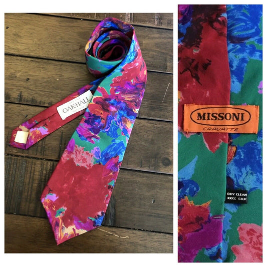 1980s Missoni Cravatte 100% Silk Necktie, Bold Abstract Floral Tie, Oak Hall Memphis