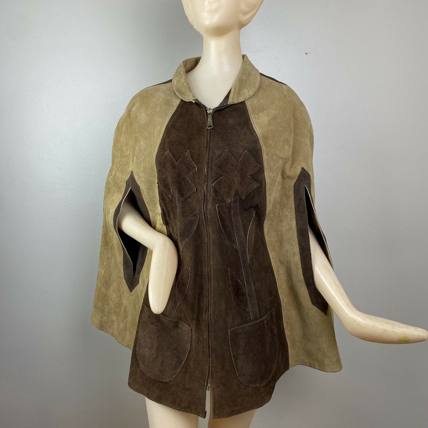 1970s Leather Cape, Two Tone Brown with Flower Appliqué, One Size Fits Many