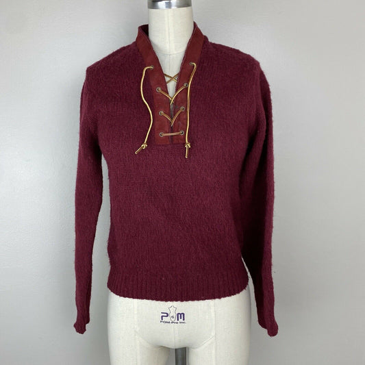 1960s Munsingwear Mohair Sweater, Size XS, Leather Lace Up, Fuzzy Sweater, Distressed