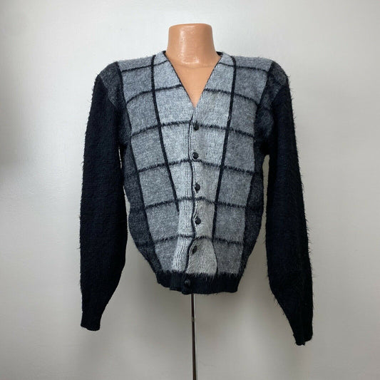 1960s Fuzzy Men's Cardigan Sweater, Size S/M, Black & Grey Grid, Mohair Style