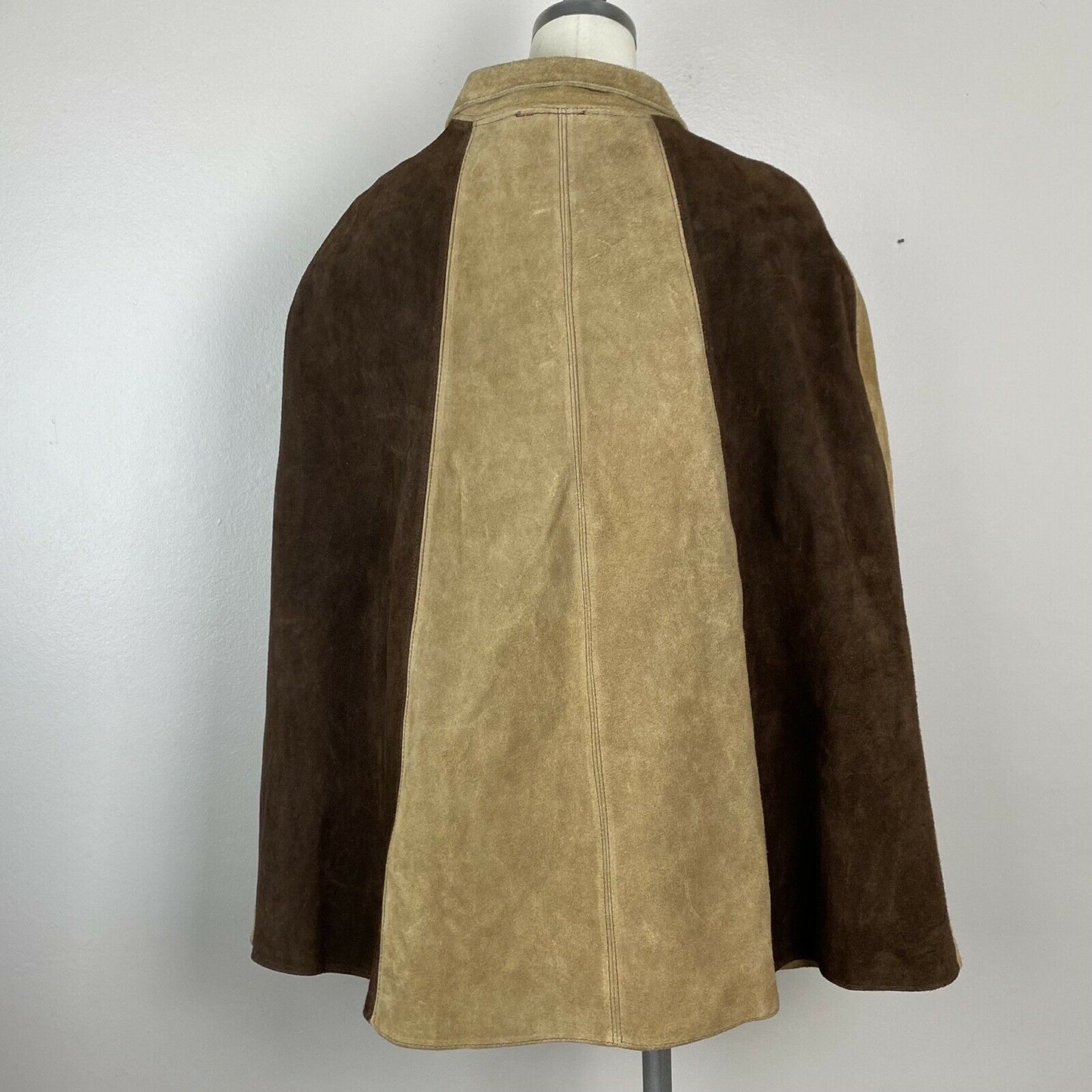 1970s Leather Cape, Two Tone Brown with Flower Appliqué, One Size Fits Many