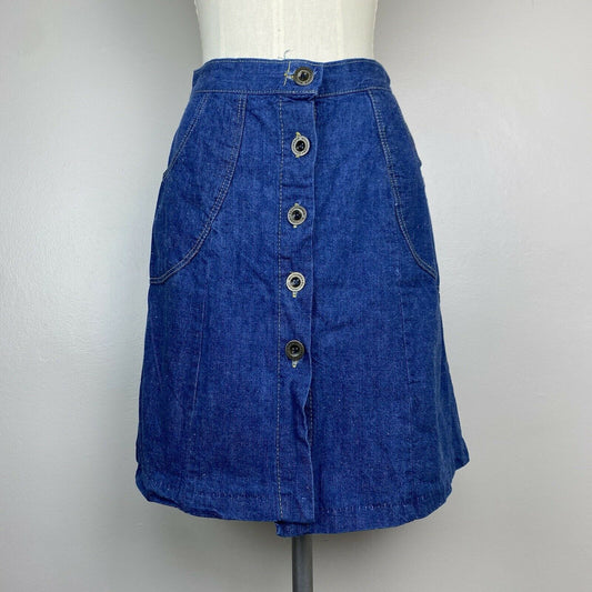 1970s H.I.S Denim Mini Skirt, Size XS/S, 25" Waist, A-Line Blue Jean, Donut Button