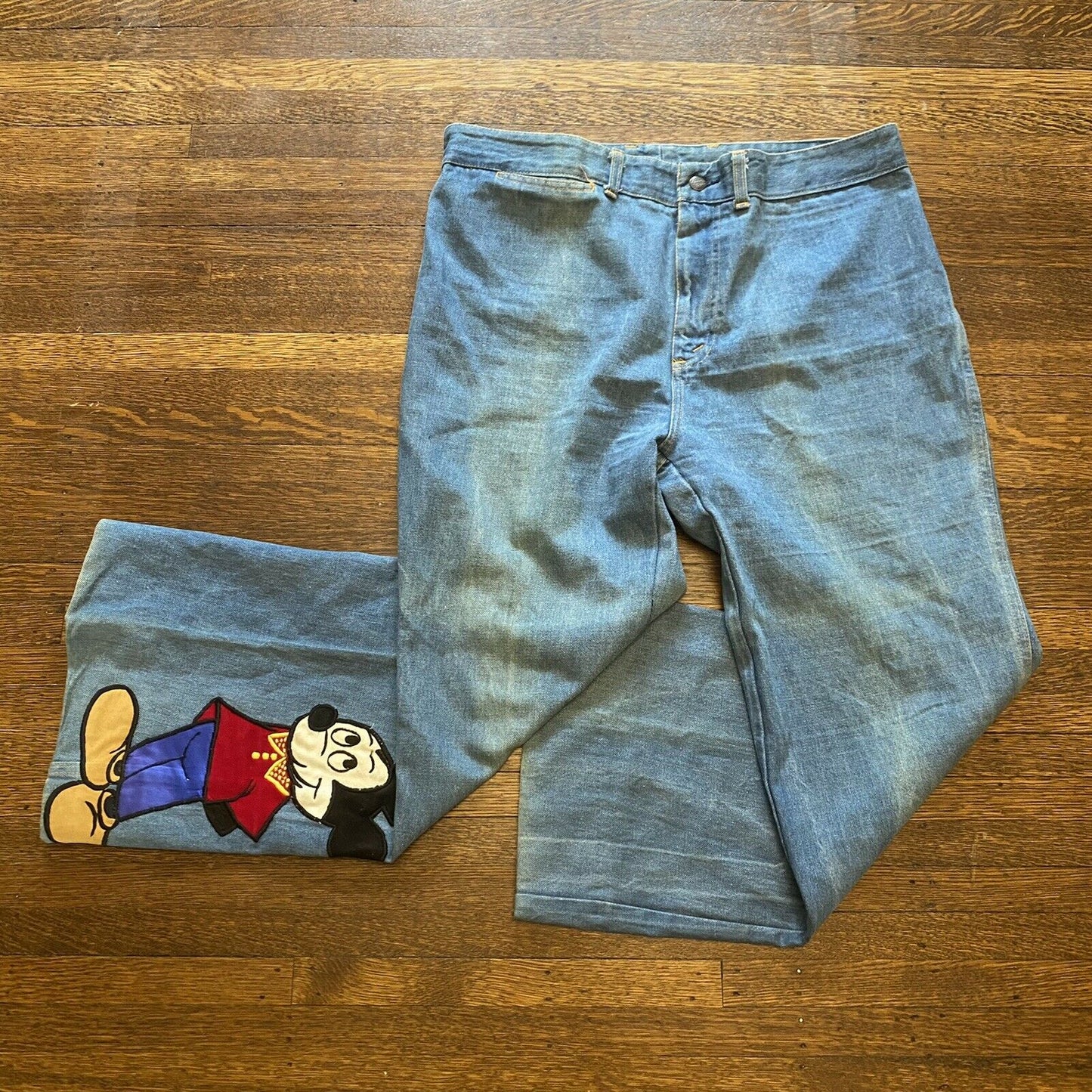 1970s Mickey Mouse Blue Jeans, 36" x 28", Walt Disney Productions, 70s Denim with Appliqué