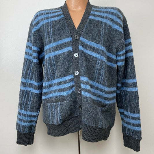 1960s Plaid Mohair Cardigan Sweater, Sears Sportswear Size Large, Fuzzy Grey & Blue, Grunge