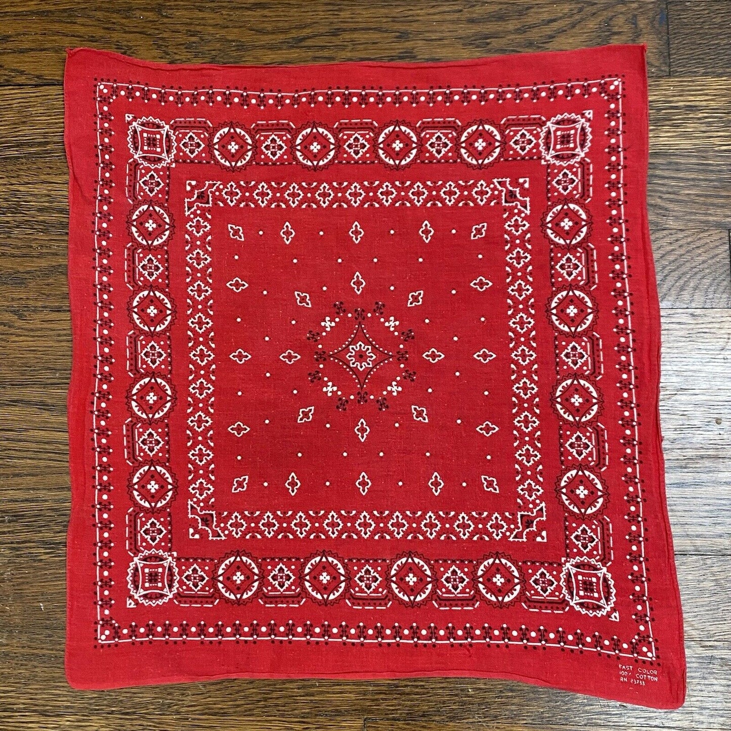 1960s Red Bandana, RN 23733, Selvedge Edge, 17" x 18.5", Fast Color, Cotton