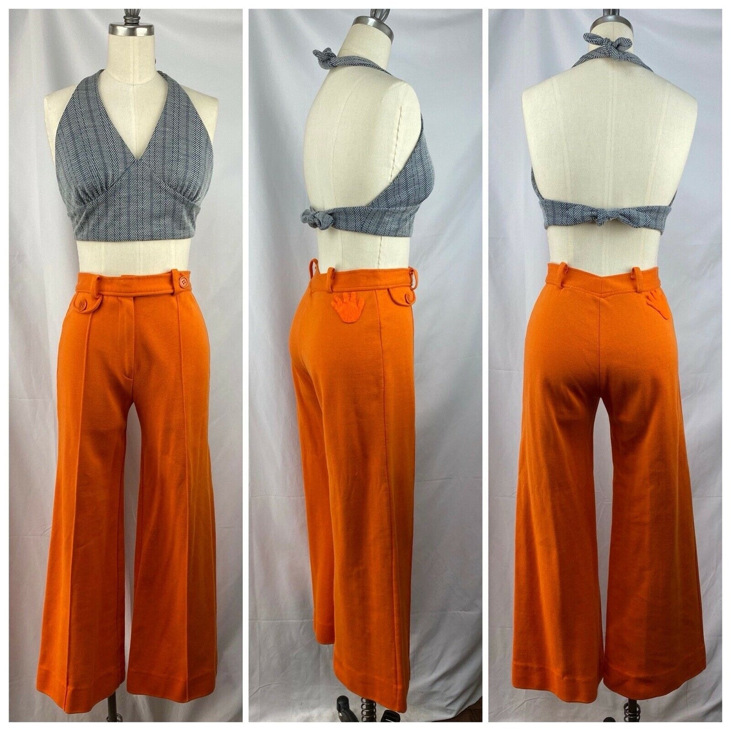 1970s Halter Top, Size XS/S, Herringbone, Tie Neck, Boho Hippie Festival