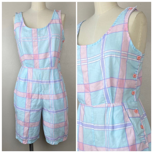 1980s Side Button Plaid Sleeveless Romper, Marissa Size S/M, Pastel