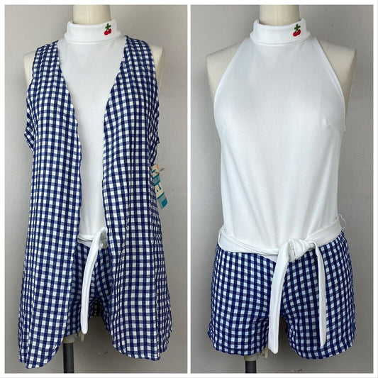 1960s/70s Mod Gingham Romper with Matching Vest, Size XS, Deadstock with Tags