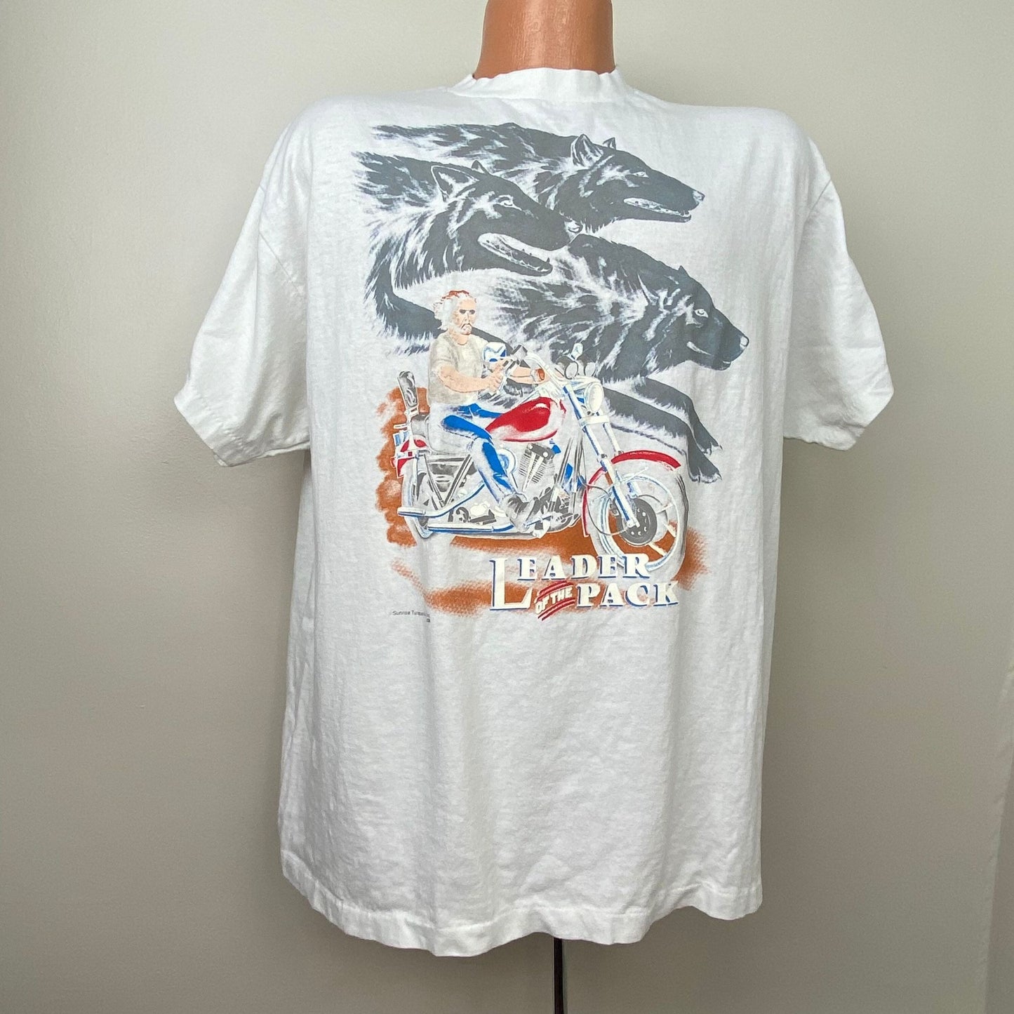 1990s Biker T-Shirt, Leader of the Pack, Sunrise Turquoise Size XL, Harley Davidson Motorcycle, Wolf