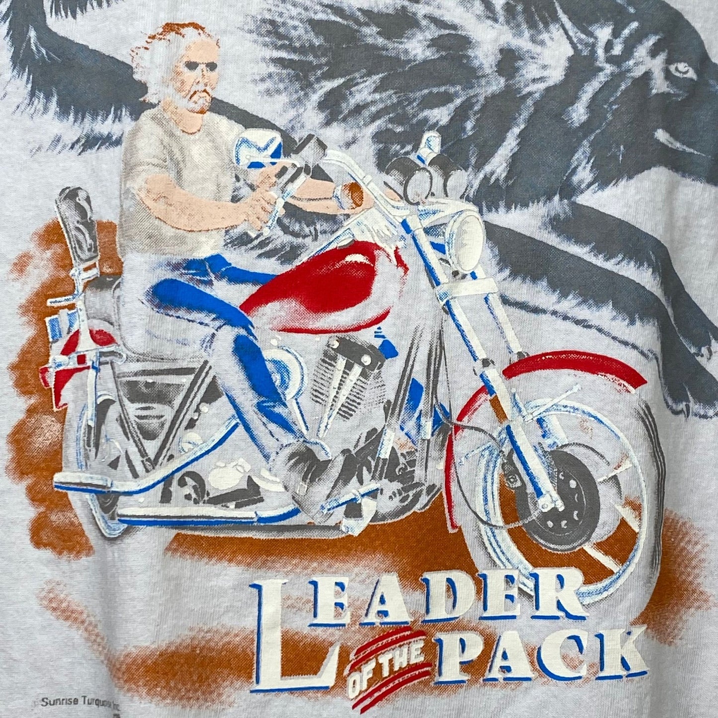 1990s Biker T-Shirt, Leader of the Pack, Sunrise Turquoise Size XL, Harley Davidson Motorcycle, Wolf