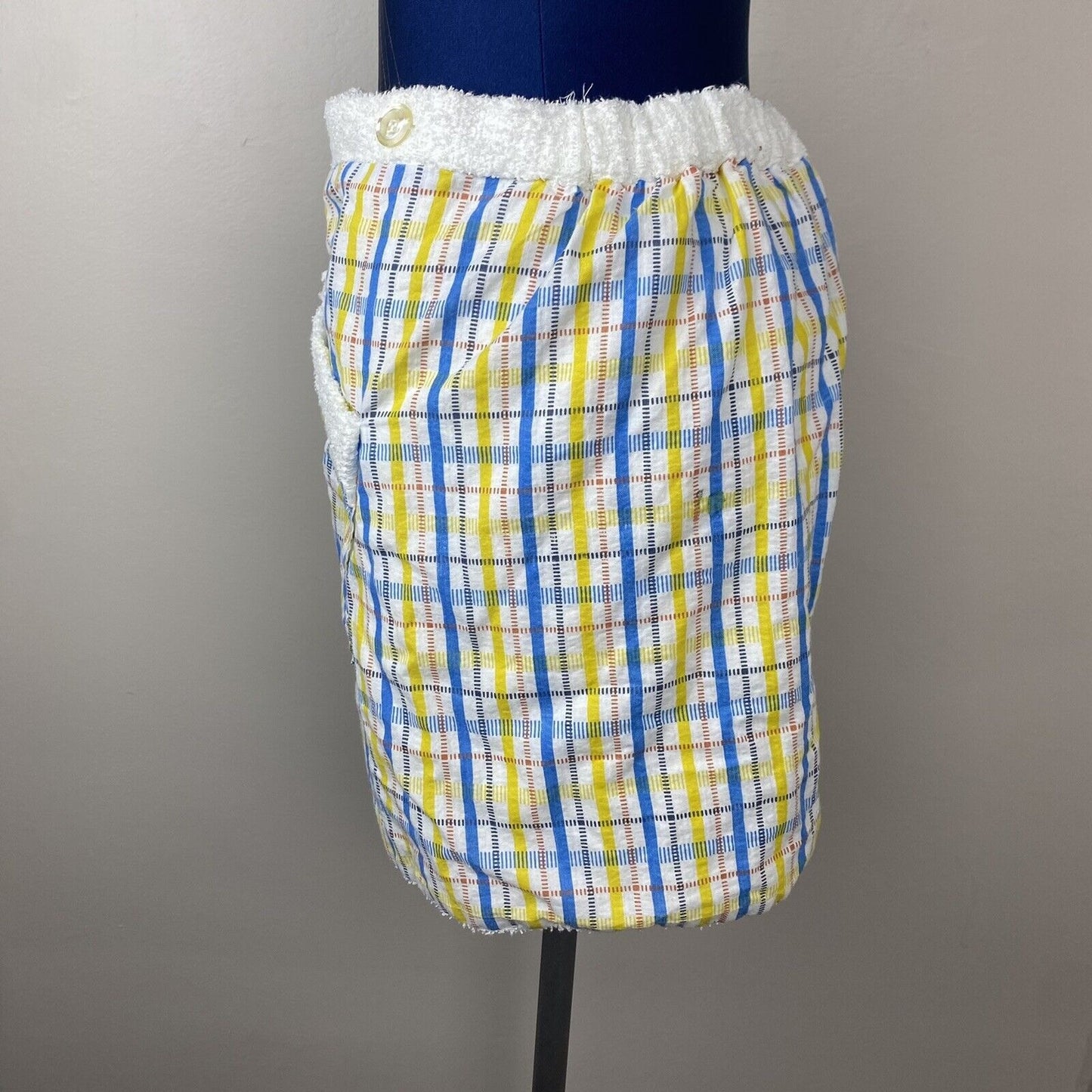 1970s Pleetway Towel Lined Plaid Beach Kilt, Swimsuit Cover Up, Terrycloth Wrap