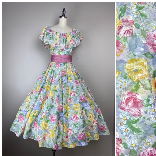 1970s/80s Lanz Floral Dress, Size Small, Midi Length, Romantic Ruffles