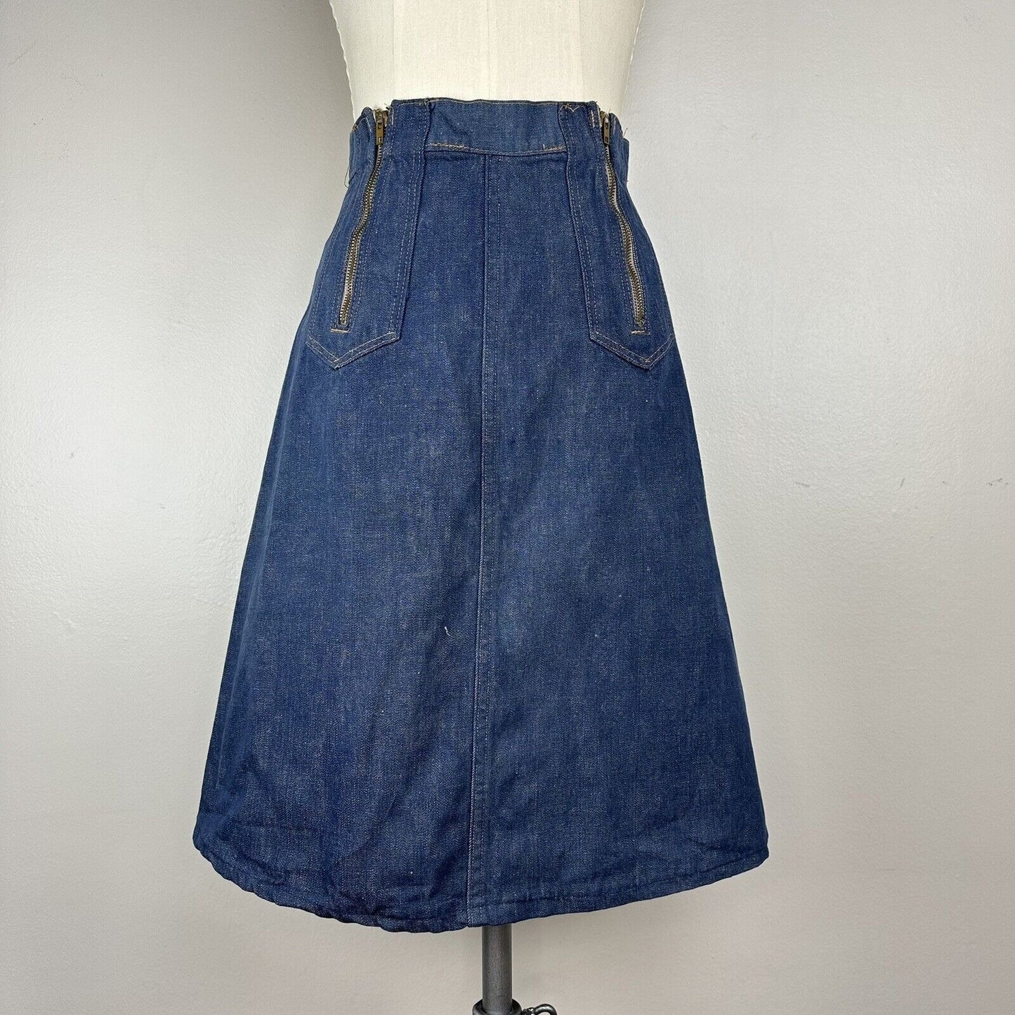 1970s Double Zipper A-Line Denim Skirt, Size XS, 23” Waist