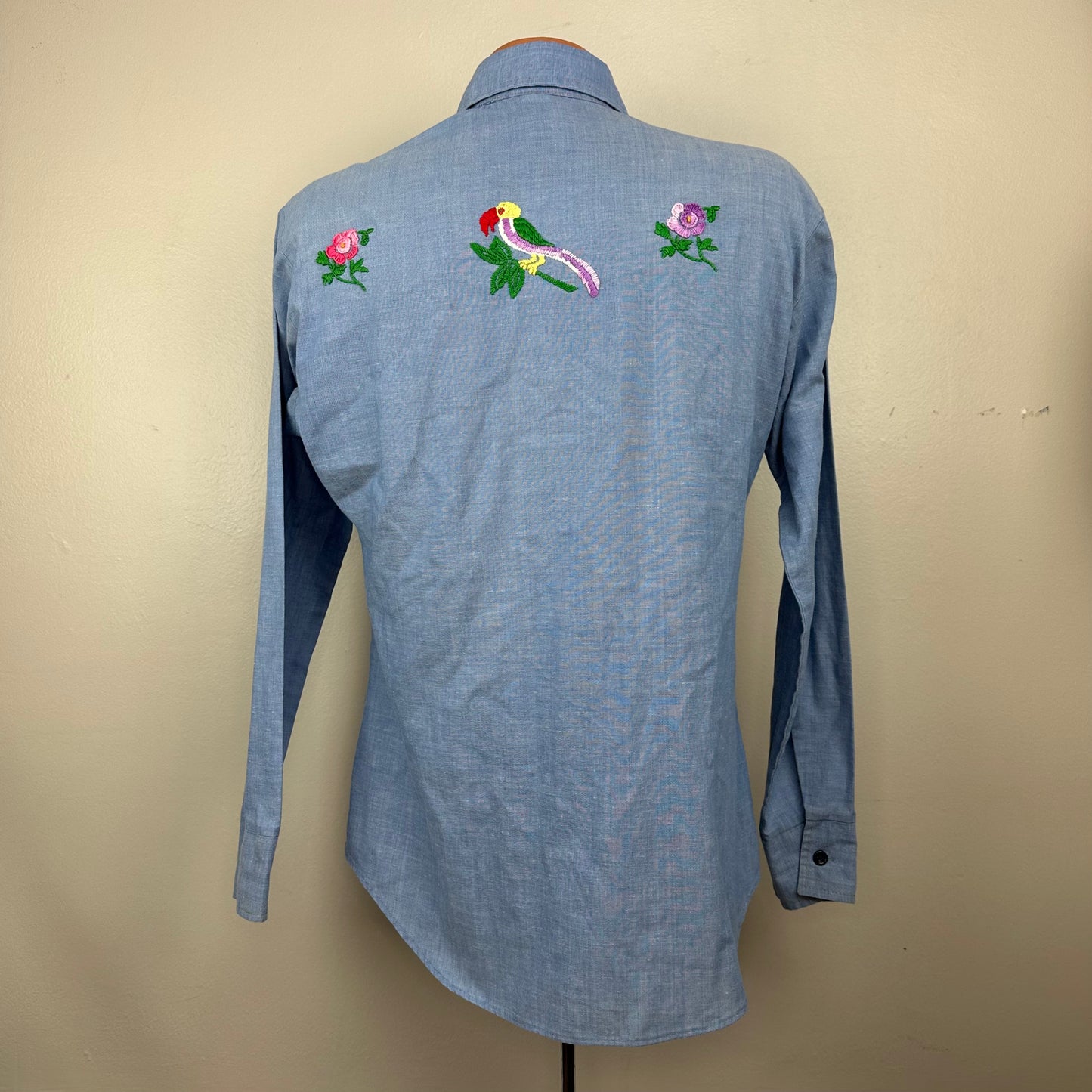 1970s Chambray Western Shirt with Embroidery, Jeans Joint size Medium