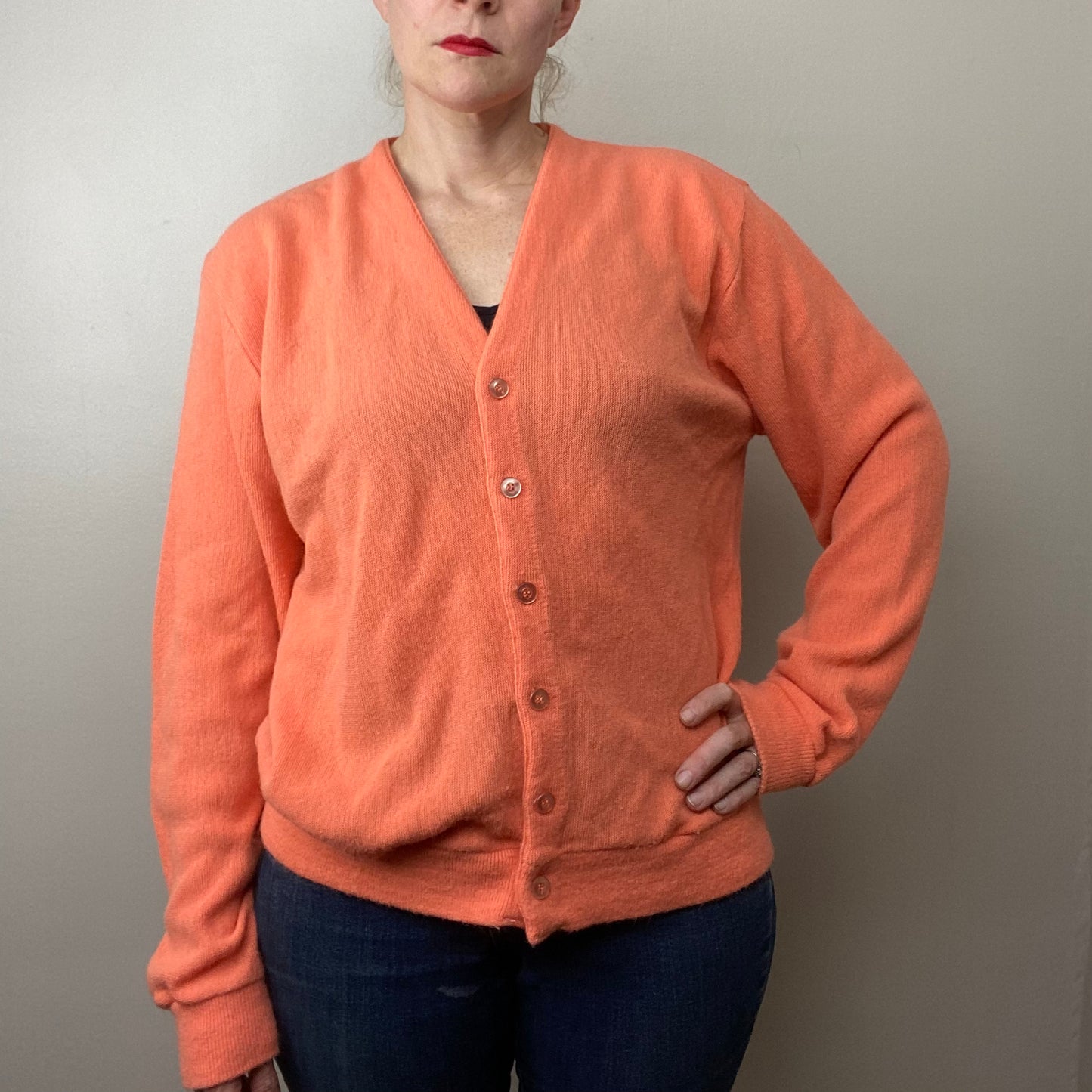 1960s/70s Men's Orange Cardigan Sweater, Sportswear Size XL