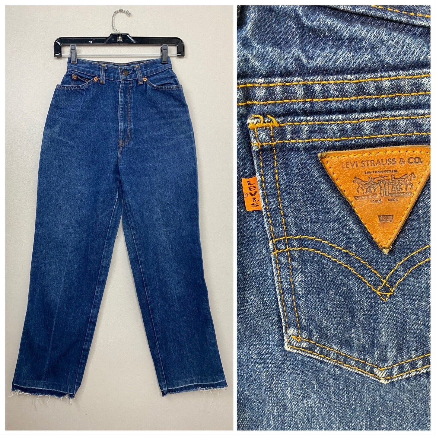 1970s Levi’s Blue Jeans, Orange Tab, Triangle Leather Patch, 22x29, High Waisted