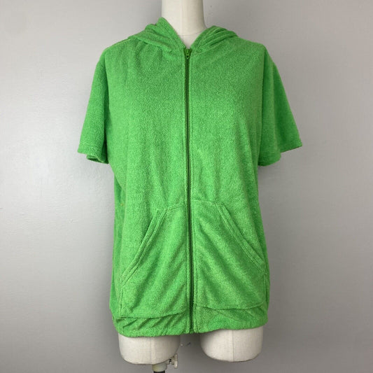 1970s Hooded Bright Green Terrycloth Beach Jacket, Harbor Casuals Size Medium