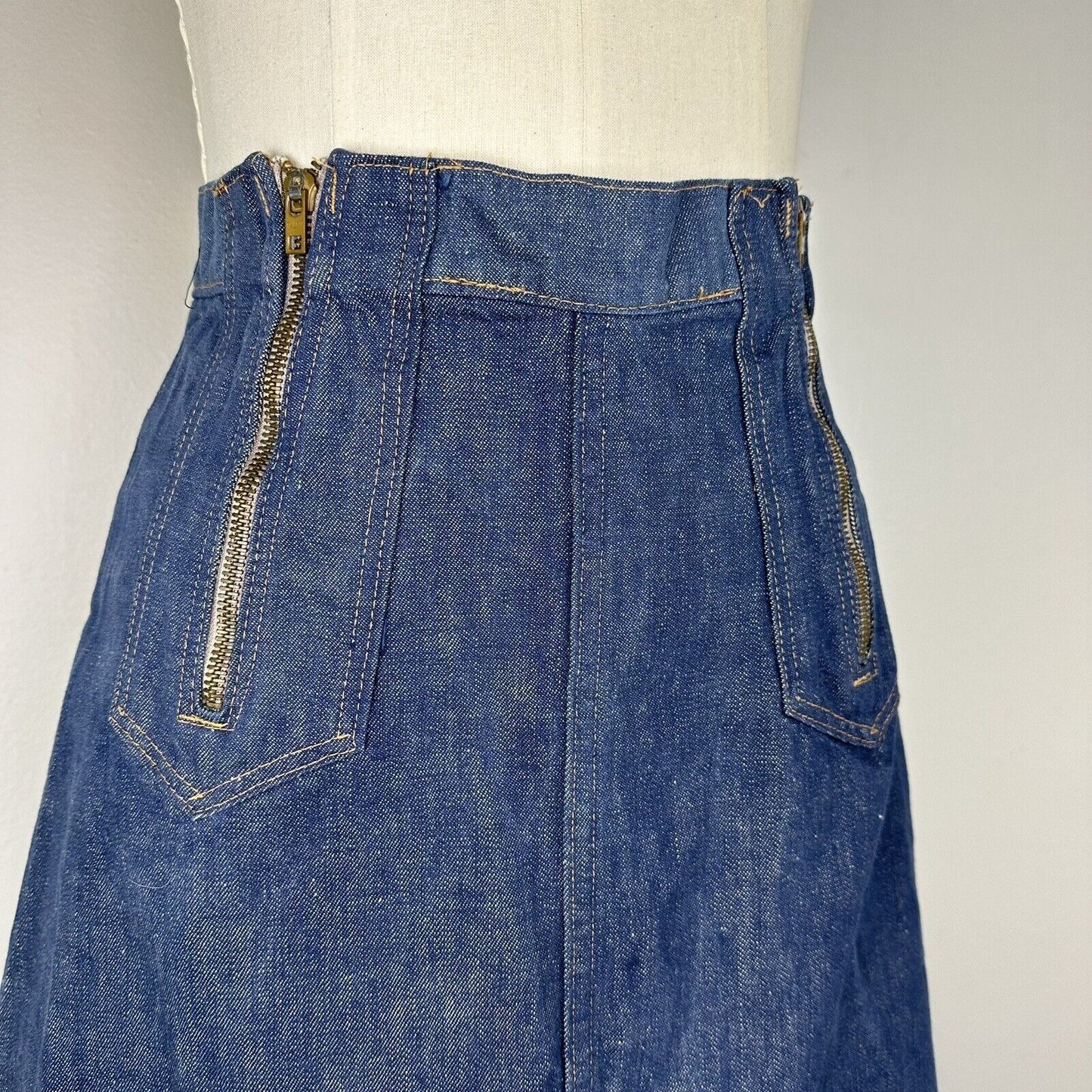 1970s Double Zipper A-Line Denim Skirt, Size XS, 23” Waist